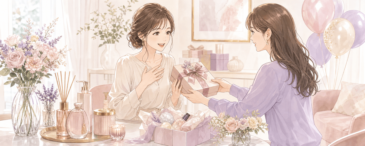 30代女性への誕生日プレゼントを彩るコスメ・アロマ・スイーツのイラスト
