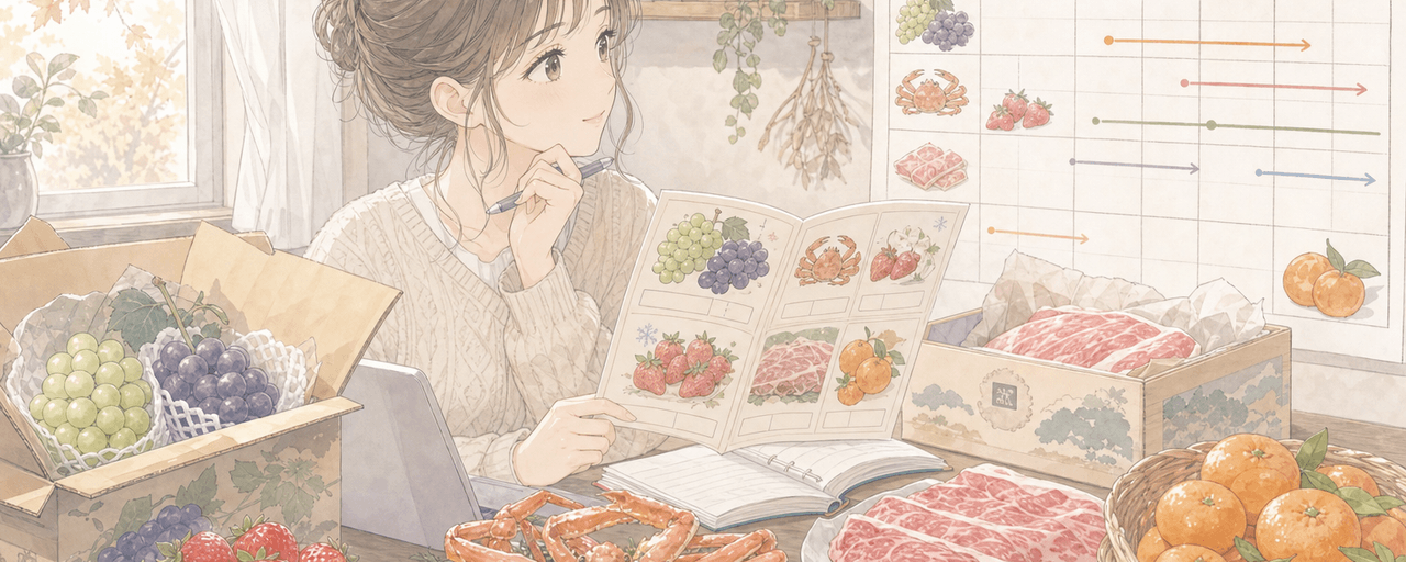 ふるさと納税の秋冬の味覚返礼品を食卓に並べて発送時期を見比べて選ぶイラスト