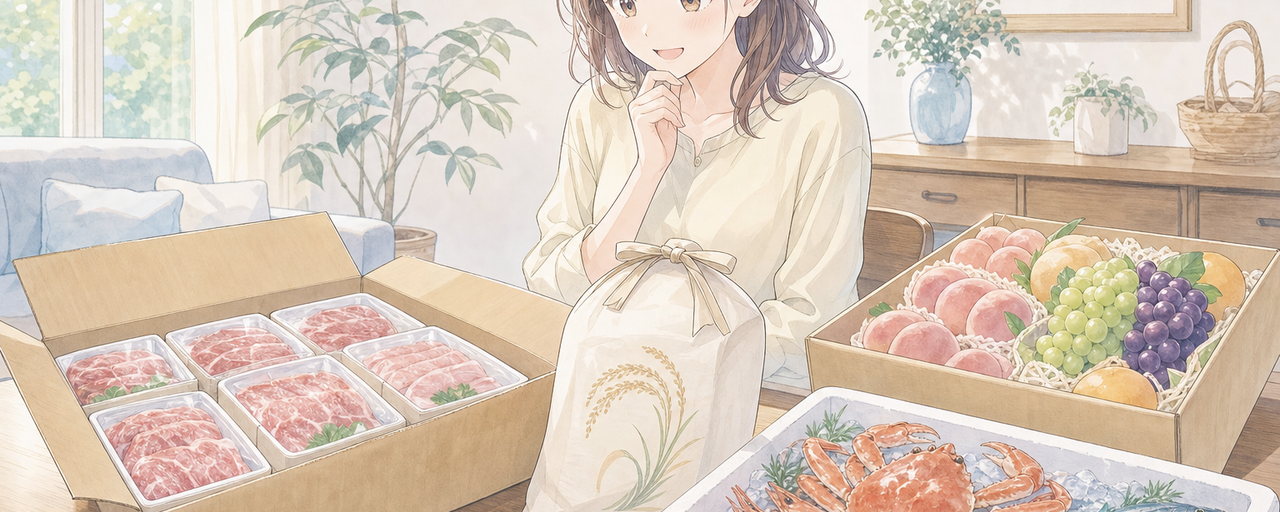 ふるさと納税の返礼品を食卓で見比べて選ぶイラスト