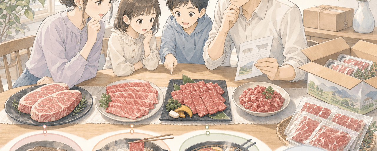ふるさと納税の牛肉を用途別に食卓で見比べて選ぶイラスト