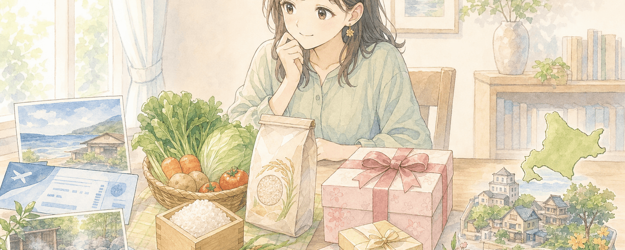 ふるさと納税を目的別に選ぶために返礼品と寄付金の使い道を見比べるイラスト