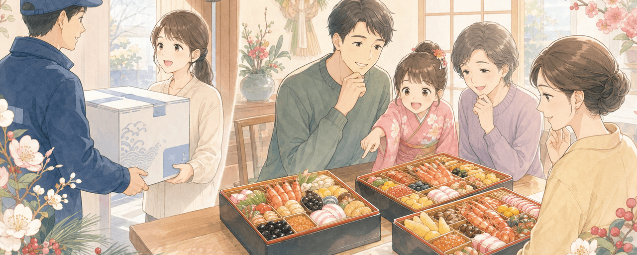 ふるさと納税のおせちを重箱で見比べ人数や冷凍冷蔵・配送時期で選ぶイラスト