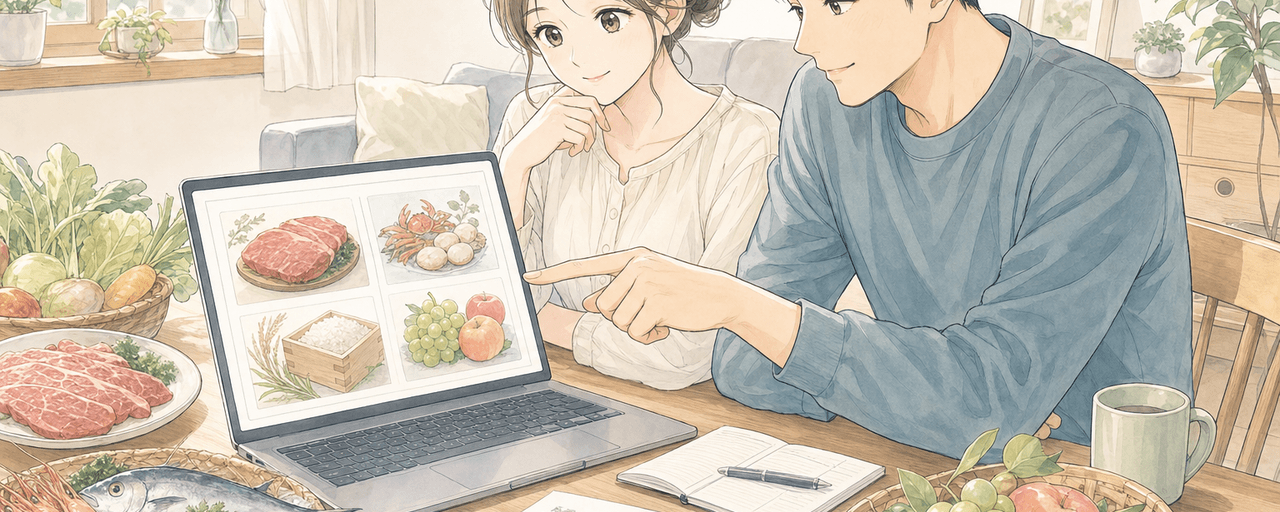 ポイント廃止後のふるさと納税で返礼品を見比べて選ぶイラスト
