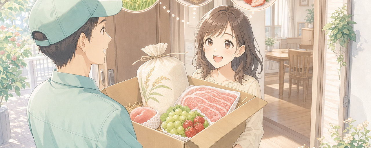 ふるさと納税の定期便を玄関先で受け取るイラスト