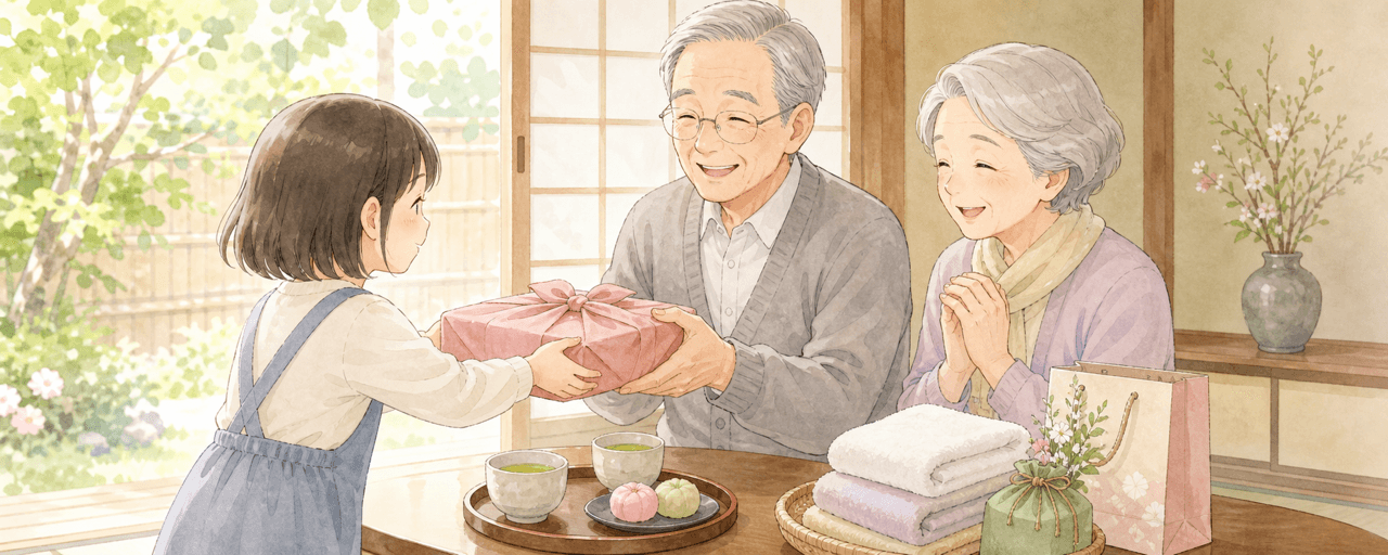 敬老の日プレゼントを孫が祖父母へ手渡す温かな室内シーンのイラスト