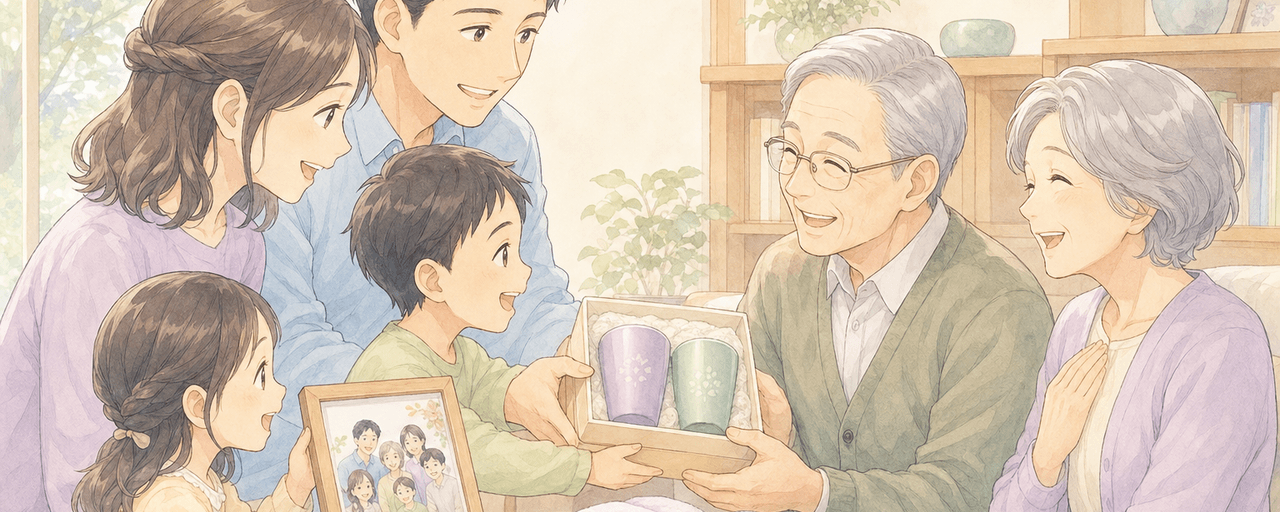 敬老の日ギフトを5000円前後で選び孫から祖父母へ名入れの品を贈る食卓のイラスト