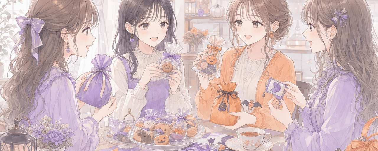 ハロウィンに推し活仲間へ配る個包装のお菓子と推し色のプチギフトを用意するイラスト