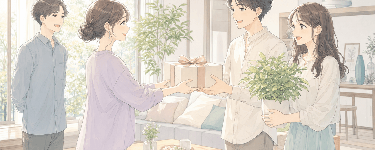 引っ越し祝いのプレゼントとして贈る観葉植物やキッチン用品のイラスト