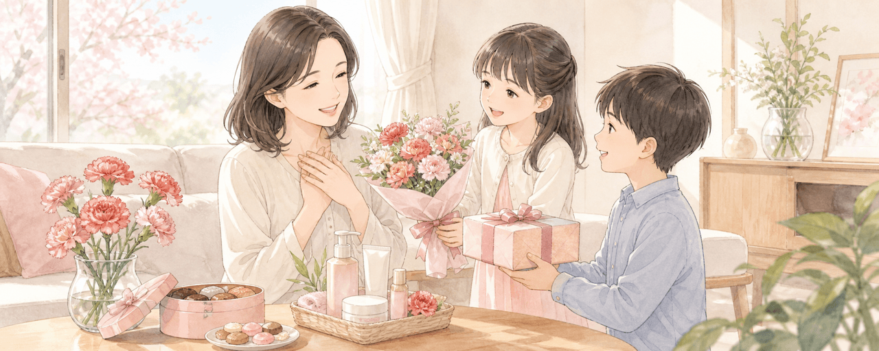 母の日のプレゼントとして贈る花束とギフトボックスのイラスト
