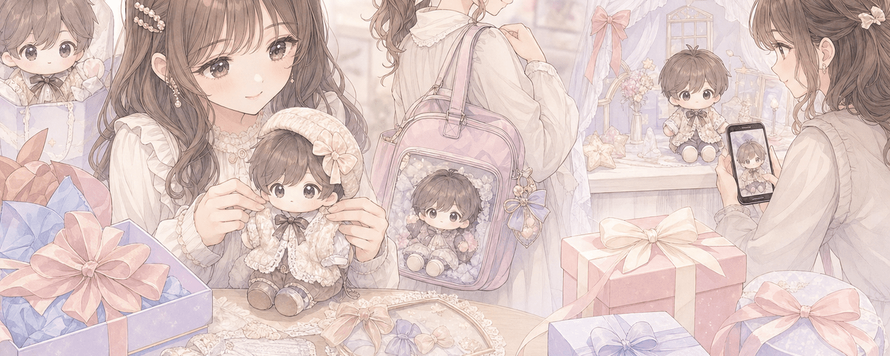 ぬい活のプレゼントをぬい服・ぬいポーチ・ぬい撮り小物から推し色で選びオタ友へ贈るイラスト