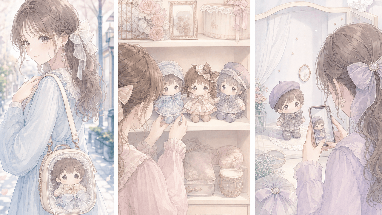 連れ歩く・飾る・ぬい撮りのぬい活スタイル別にぬい服やぬいポーチのプレゼントを選ぶイラスト