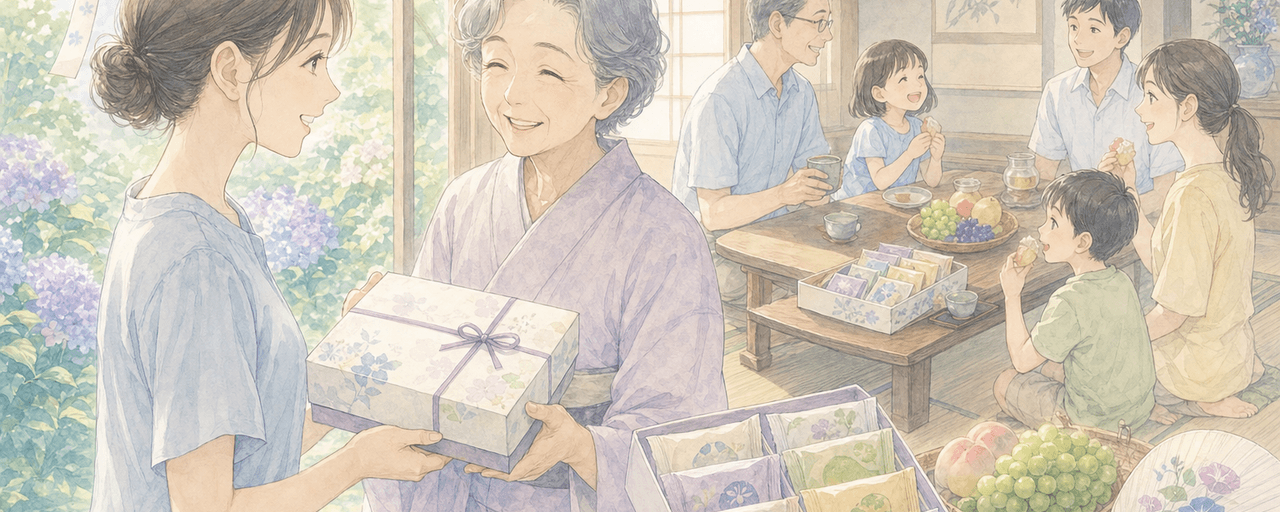 お盆帰省の手土産として個包装のおしゃれな焼き菓子を実家へ持参する夏の情景