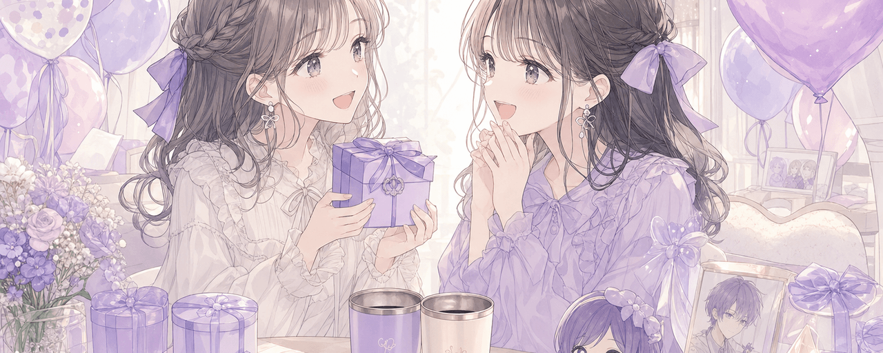 推し活仲間の誕生日プレゼントを推し色の消えものや名入れグッズでオタ友へ贈るお祝いのイラスト