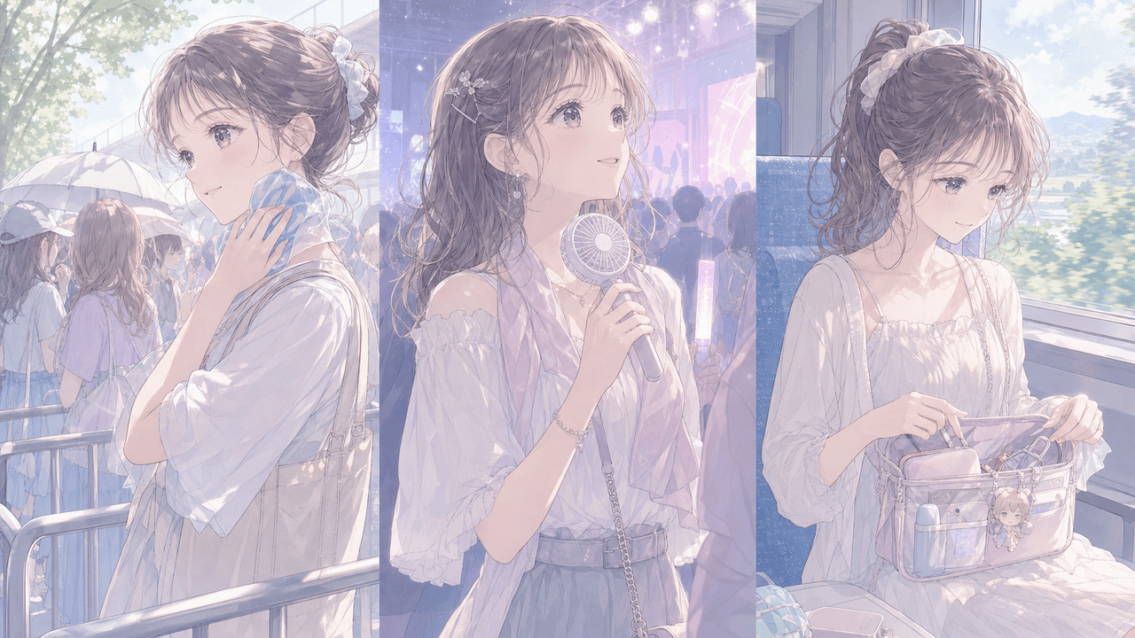 推し活の遠征で待機列・現場・移動の行動シーン別に暑さ対策グッズを選ぶイラスト