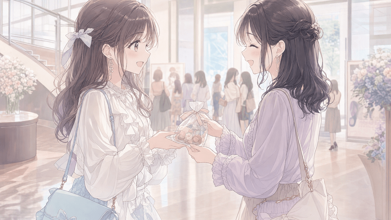 初めて会うオタ友にカフェで個包装のプチギフトを手渡しするシーンのイラスト