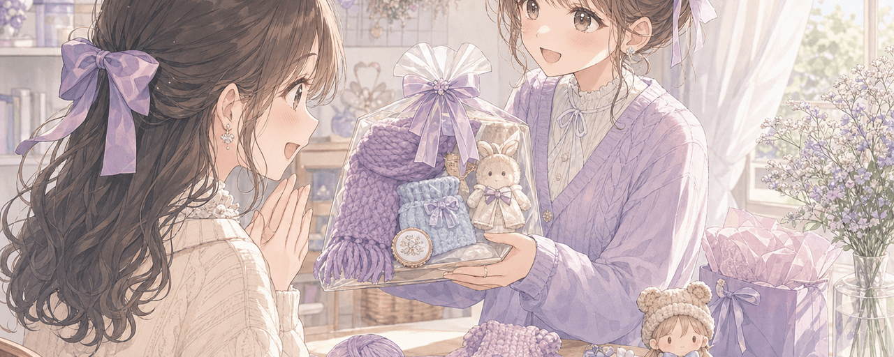 推し活の手作りプレゼントを推し色のマフラーや編み物・ぬい服でオタ友へ贈る様子のイラスト
