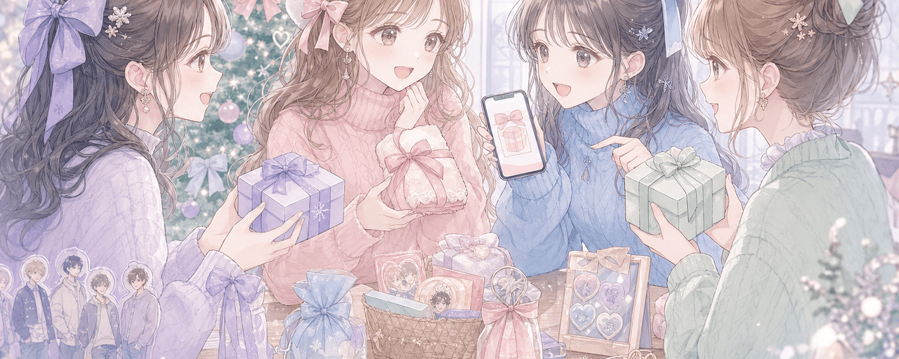 推し活仲間とのクリスマスプレゼント交換を推し色のプチギフトやeギフトで贈り合うイラスト