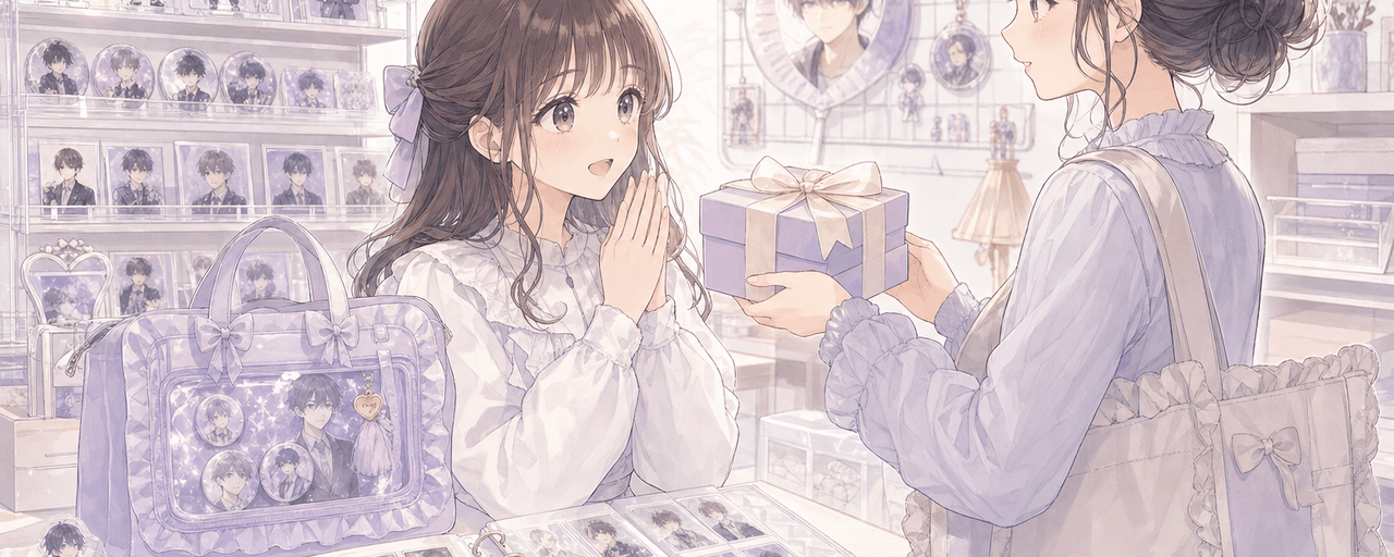 推し活の収納グッズをトレカ・アクスタ・缶バッジ別にギフトとして選ぶ様子のイラスト
