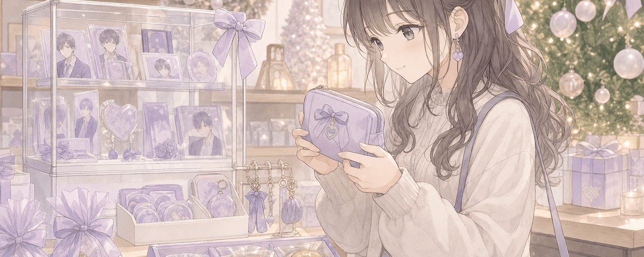推し友へのクリスマスプレゼントを推し色の小物や飾るグッズで1対1で贈るイラスト