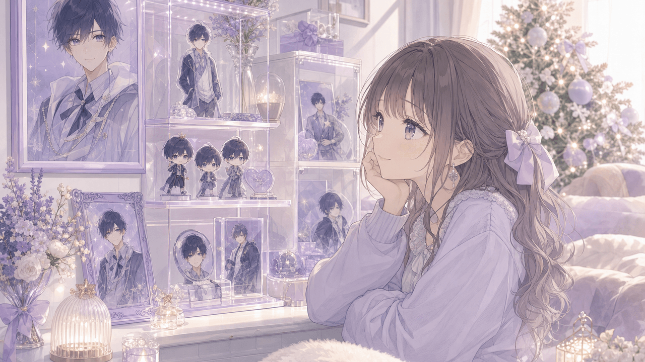 推し色のディスプレイケースやフレームで推しのグッズを飾った部屋を眺める推し友のイラスト