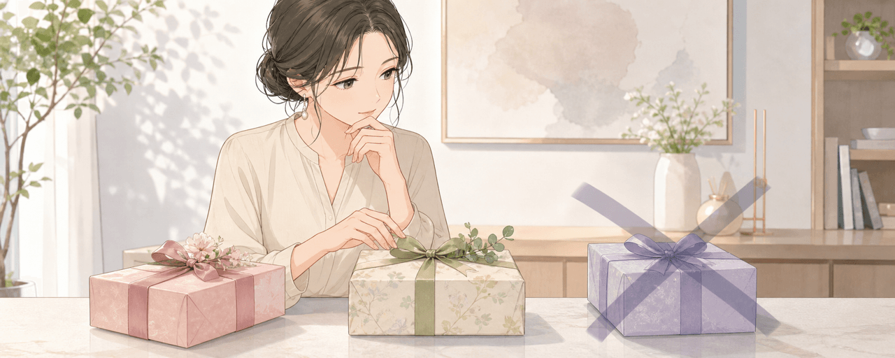 退職祝いのタブーに配慮してギフトを選ぶ女性のイラスト