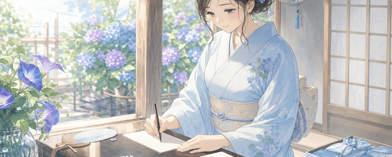 暑中見舞い・残暑見舞いの時期に夏の挨拶状を書く涼やかな縁側の情景