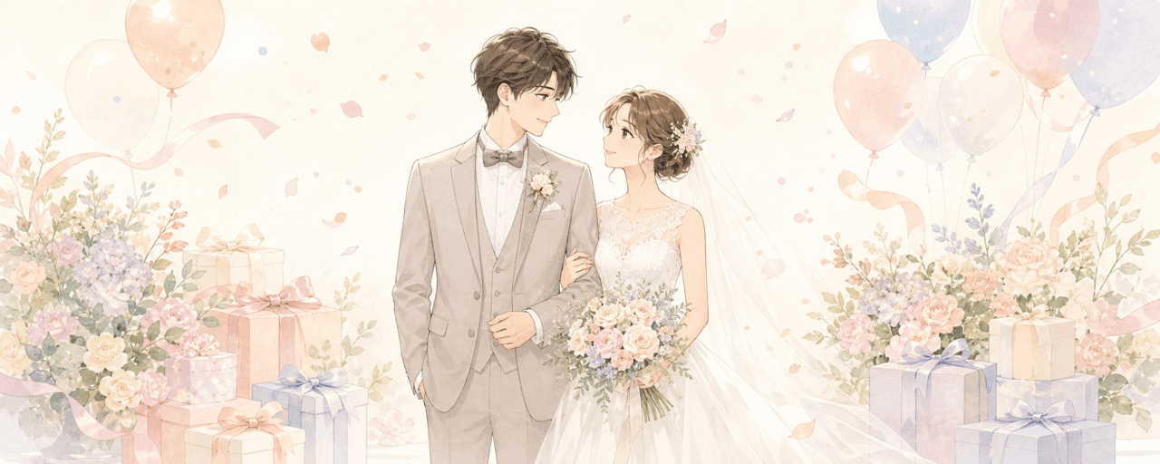 結婚祝いとして贈るペアグラスと上質なタオルのギフトイラスト