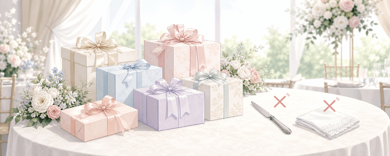 結婚祝いタブーを示す刃物・ハンカチとギフトが並ぶウェディングテーブルのイラスト
