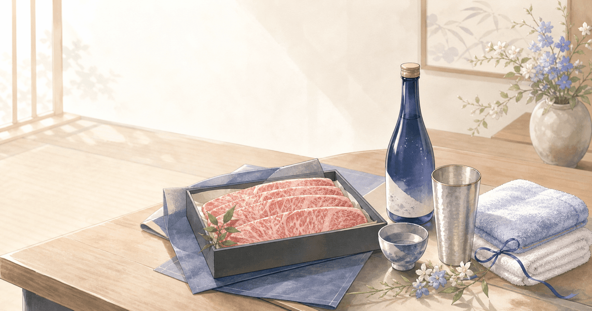 父の日プレゼント（プレミアム版）のシーン。グルメ肉セット・日本酒・タンブラー・タオルが並ぶアニメ風イラスト