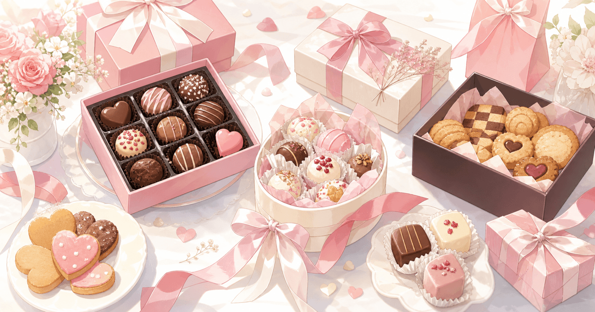 友人へのバレンタイン友チョコギフトのシーン。かわいいチョコレートボックス・クッキー・プチスイーツがピンクのリボンで彩られたアニメ風イラスト