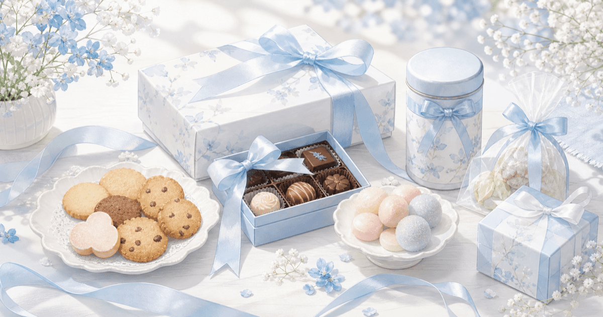 友人・職場へのホワイトデーお返しギフトのシーン。クッキー・チョコレートボックス・プチスイーツが白と水色のリボンで彩られたアニメ風イラスト