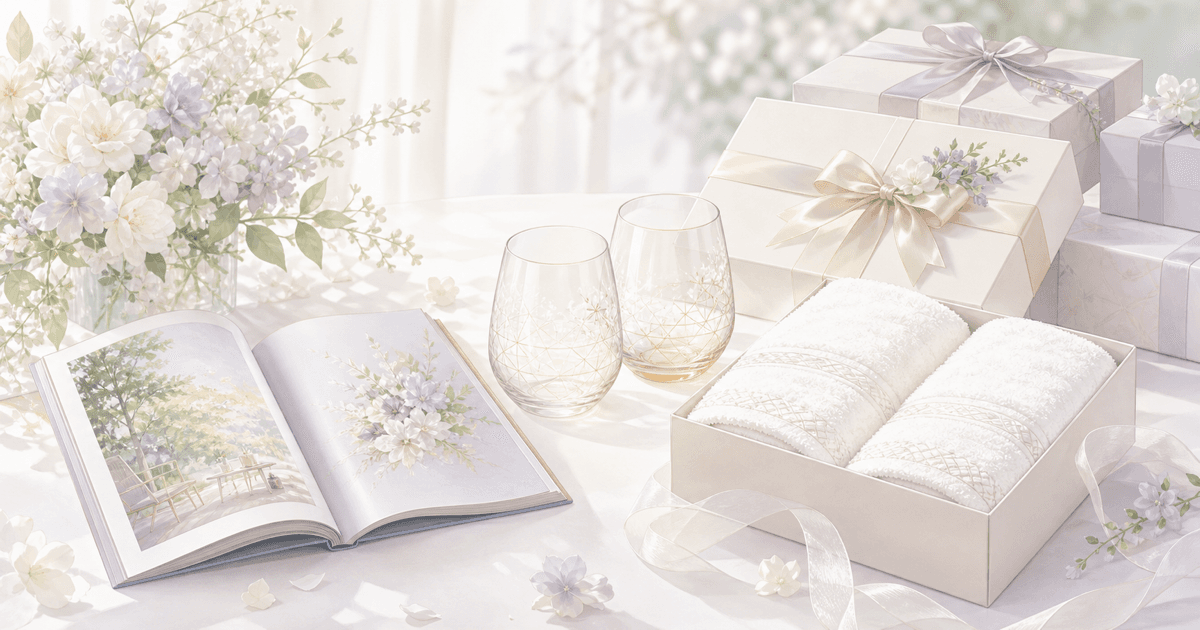 友人への結婚祝いプレゼントのシーン。カタログギフト・ペアグラス・高級タオル・ギフトボックスが並ぶアニメ風イラスト