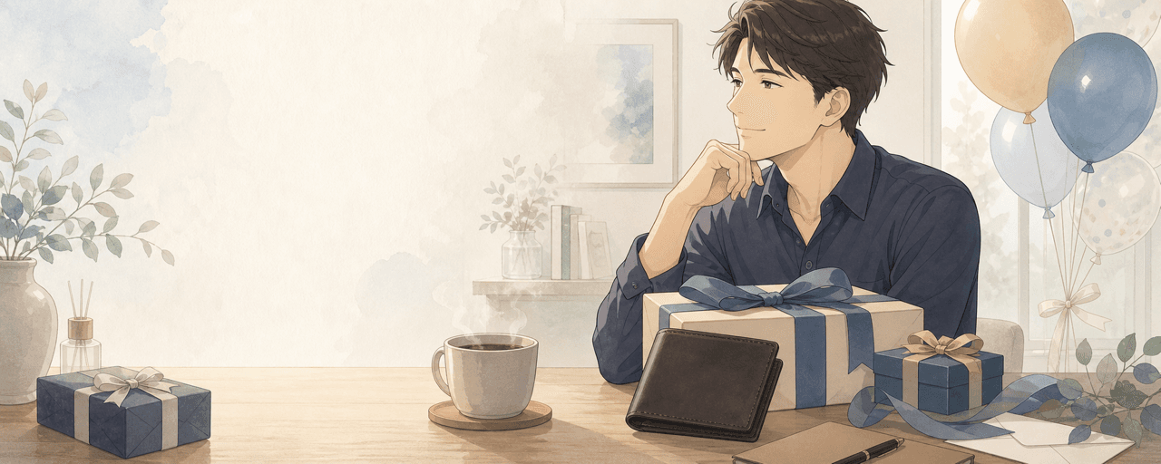 30代男性への誕生日プレゼントとして贈るコーヒー・お酒・革財布のイラスト