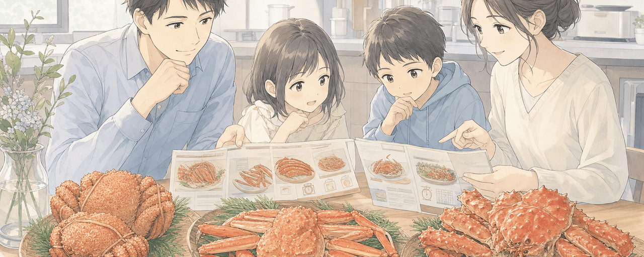 ふるさと納税のかに返礼品を種類ごとに食卓で見比べて用途で選ぶイラスト