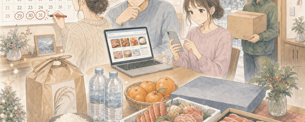ふるさと納税の年末駆け込みで年内に間に合う返礼品を選ぶイラスト