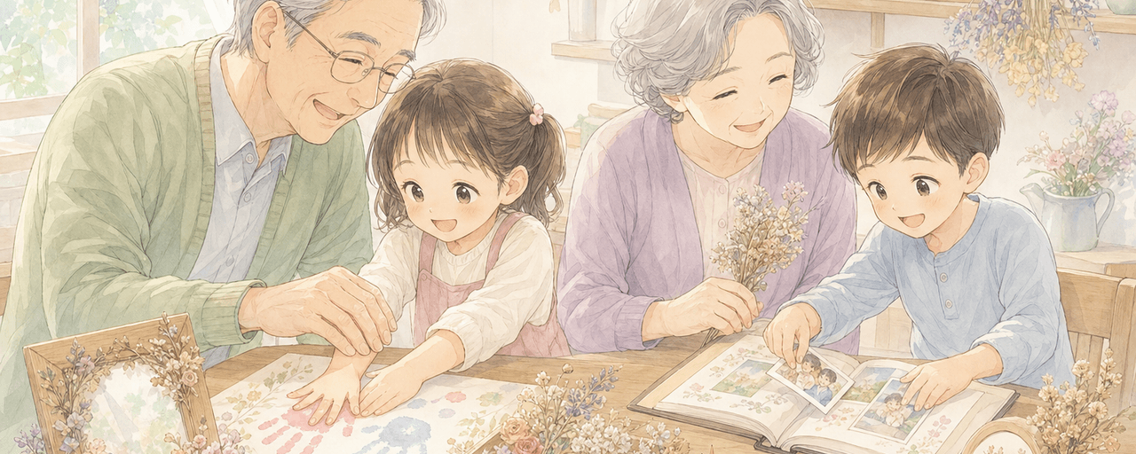 敬老の日に孫と手作りプレゼントの手形アートや名入れギフトを一緒に作る家族のイラスト
