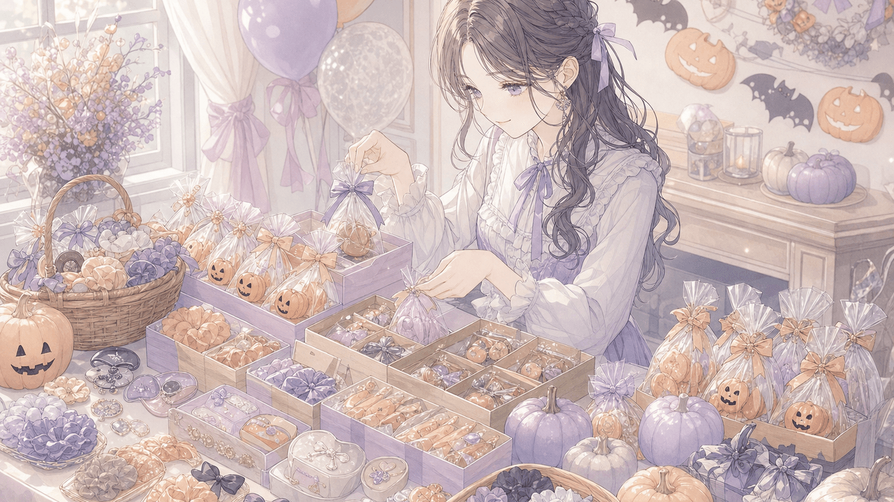 ハロウィンの集まりで配る個包装のお菓子と推し色の小物を人数分に仕分けするイラスト