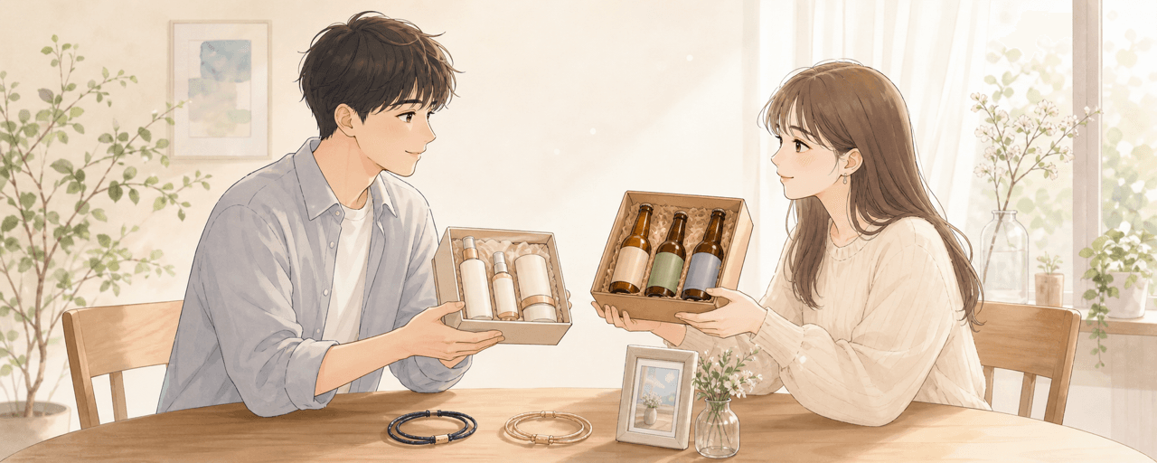 付き合いたてのカップルがプレゼントを渡し合う温かなシーンのイラスト