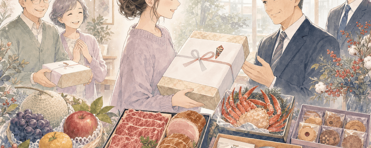 お歳暮のおすすめギフトを相手別・予算別に選ぶ冬の贈り物のイラスト