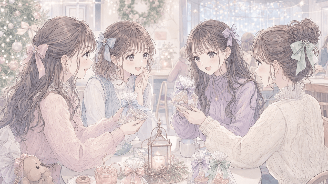 現場やオフ会で推し色のプチギフトを手渡しでクリスマス交換する推し活仲間のイラスト