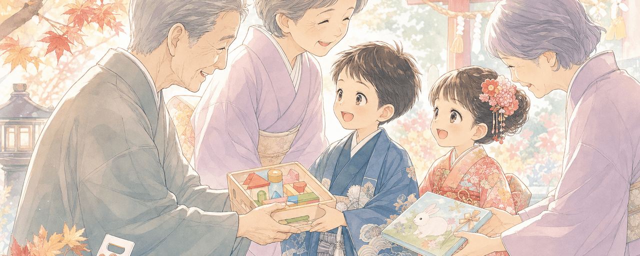 七五三で祖父母から孫へ贈る絵本や名入れの記念品のイラスト