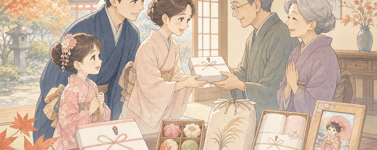 七五三の内祝いとして祖父母へ贈る和菓子・お米・名入れ記念品のイラスト