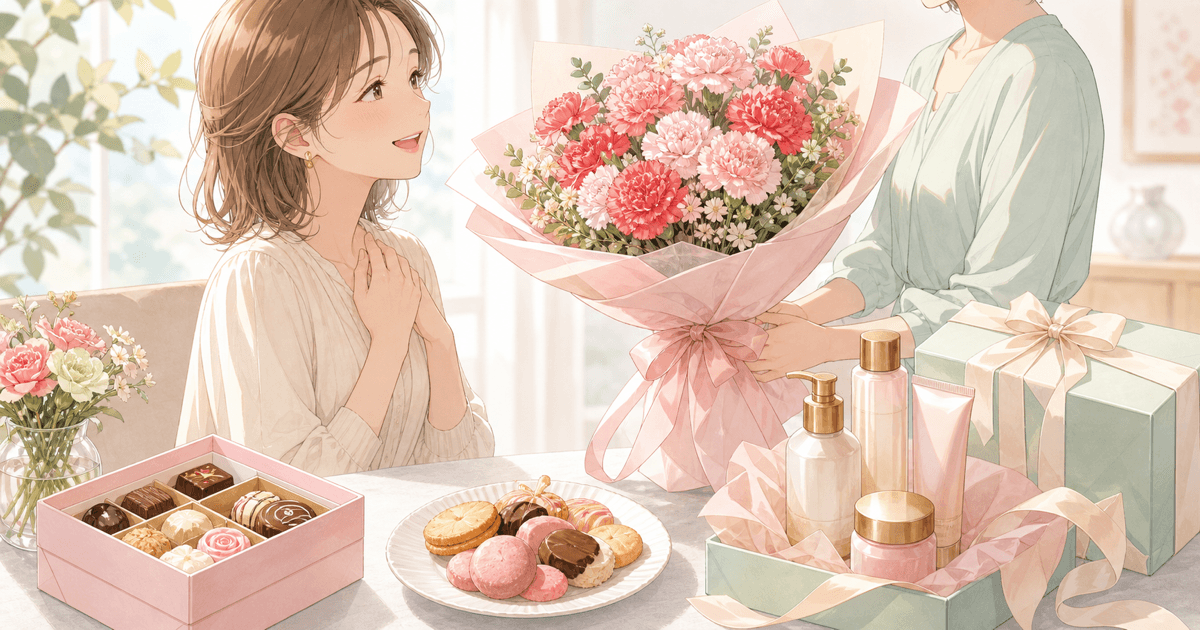 母の日ギフトのシーン。カーネーションの花束・スイーツ・スキンケアセットが並ぶアニメ風イラスト